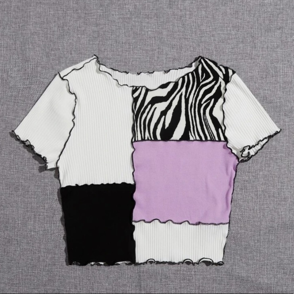 zebra striped print seam front colorblock tee